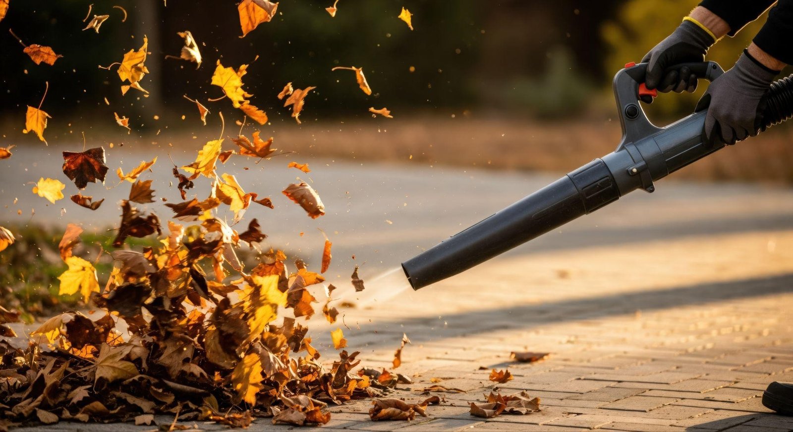 Person using a leaf blower to remove fallen leaves from a paved surface, illustrating efficient leaf removal services for property maintenance in fall.
