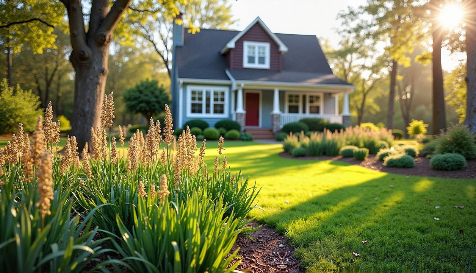 House surrounded by lush greenery and flowering plants, highlighting well-maintained landscaping in a residential setting, emphasizing fall leaf management services offered by Urban Landscapes.