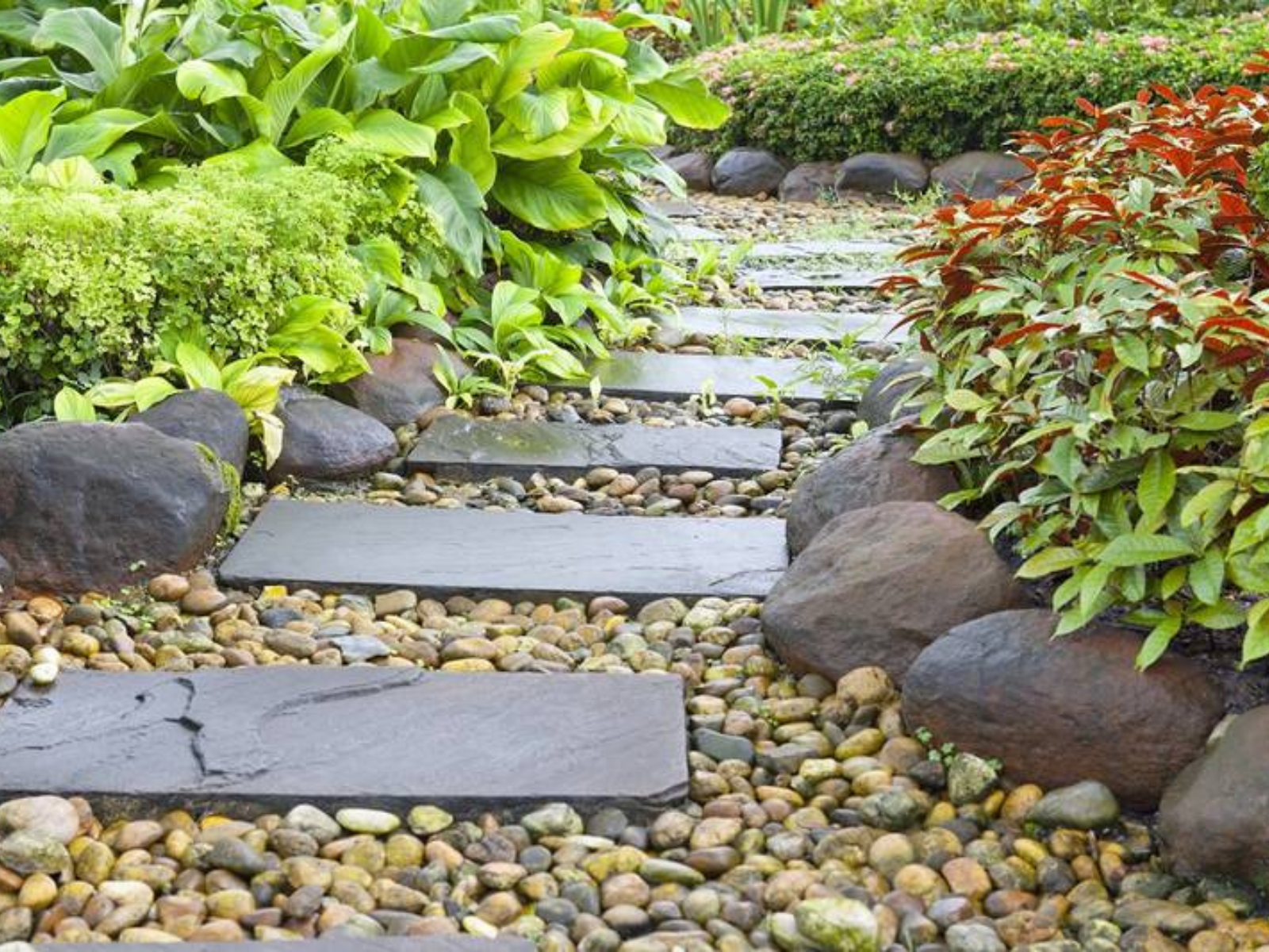 mulch ser (1) Pathway of slate stones surrounded by decorative gravel, lush green plants, and colorful foliage, illustrating effective gravel landscaping and edging techniques.
